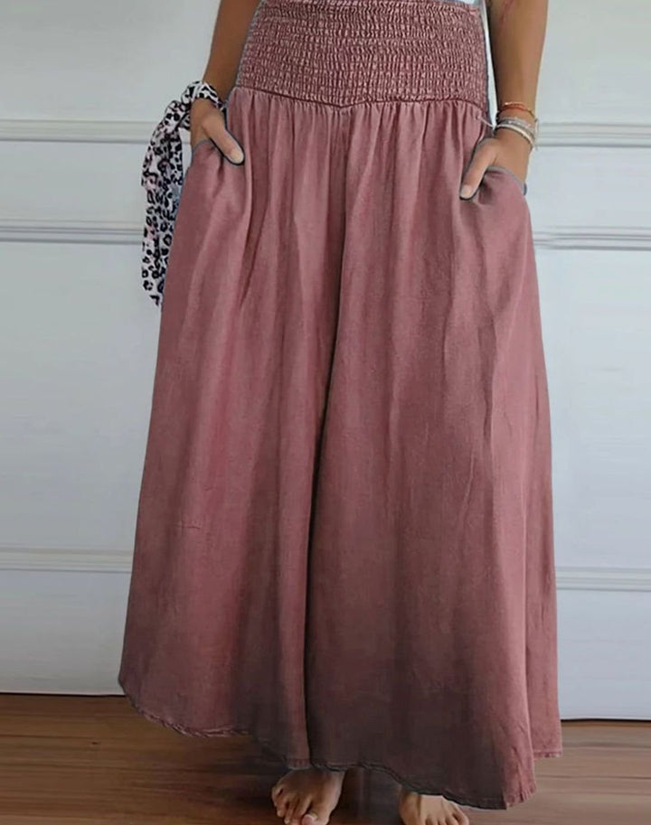 Women's High-Waist Smocked Wide-Leg Full-Length Trousers