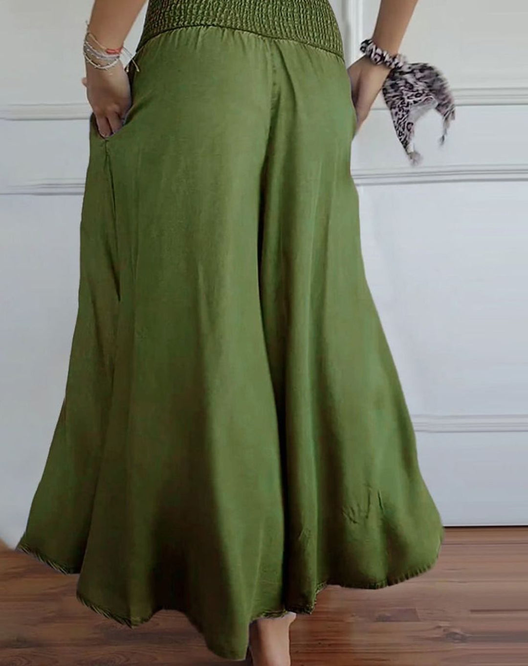 Women's High-Waist Smocked Wide-Leg Full-Length Trousers