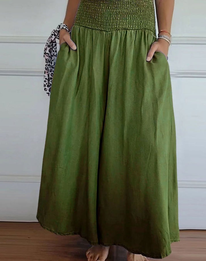 Women's High-Waist Smocked Wide-Leg Full-Length Trousers