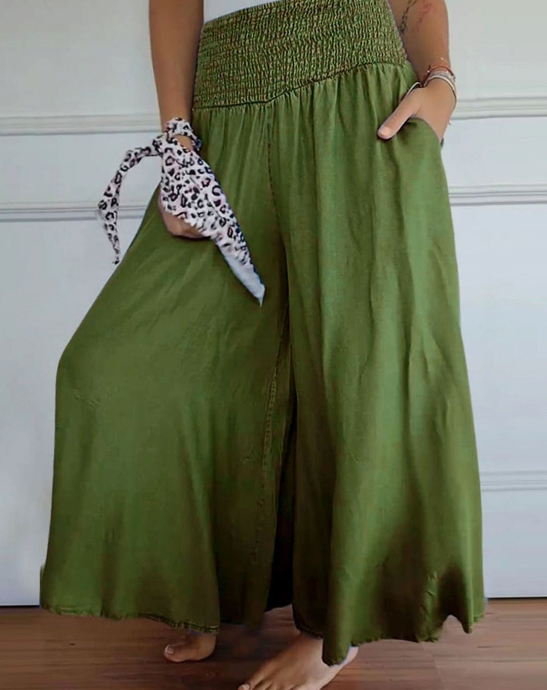 Women's High-Waist Smocked Wide-Leg Full-Length Trousers