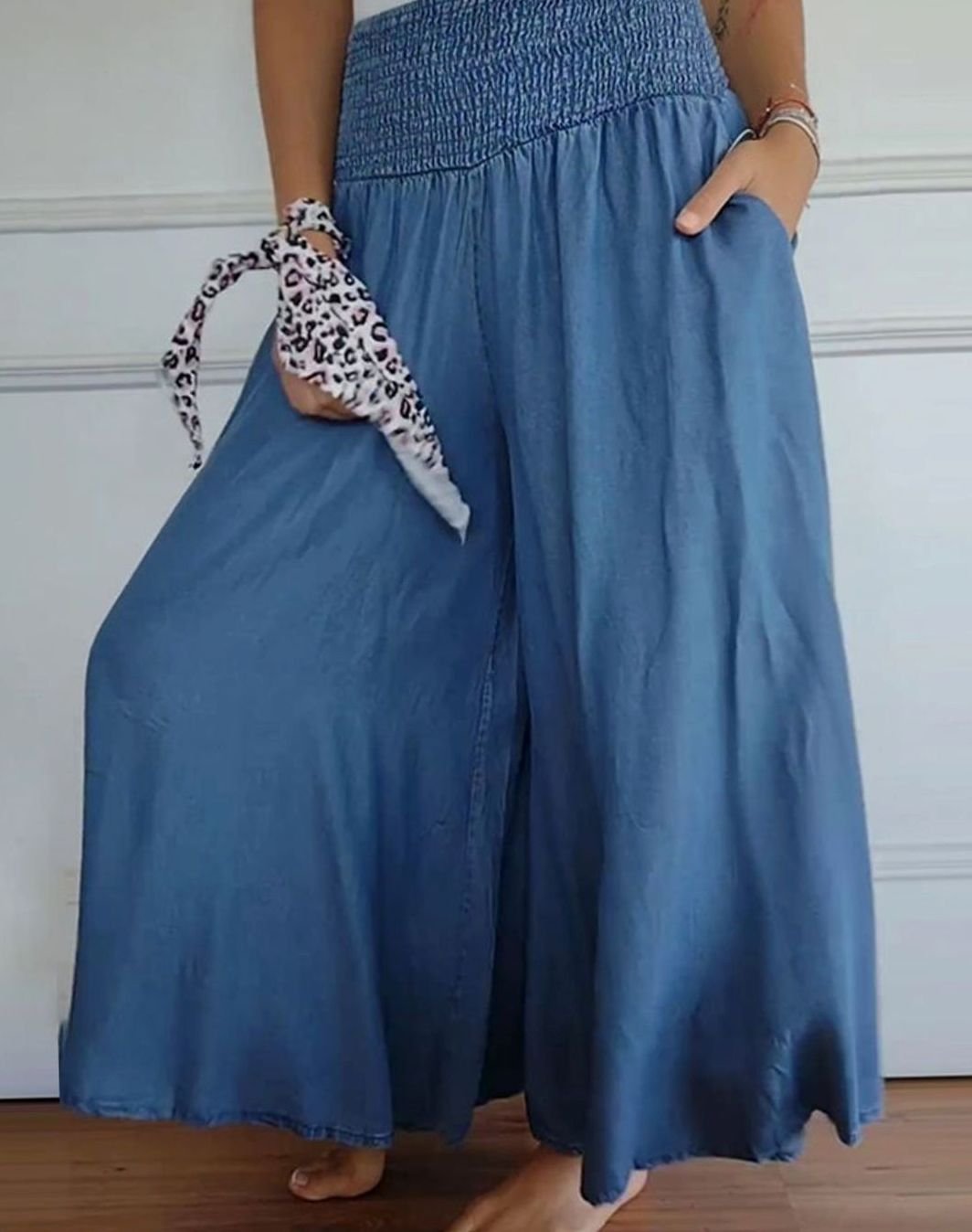 Women's High-Waist Smocked Wide-Leg Full-Length Trousers