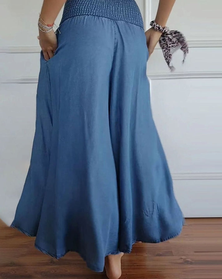 Women's High-Waist Smocked Wide-Leg Full-Length Trousers