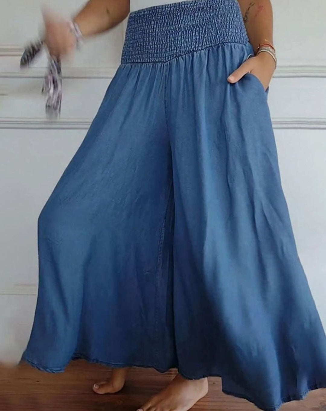Women's High-Waist Smocked Wide-Leg Full-Length Trousers