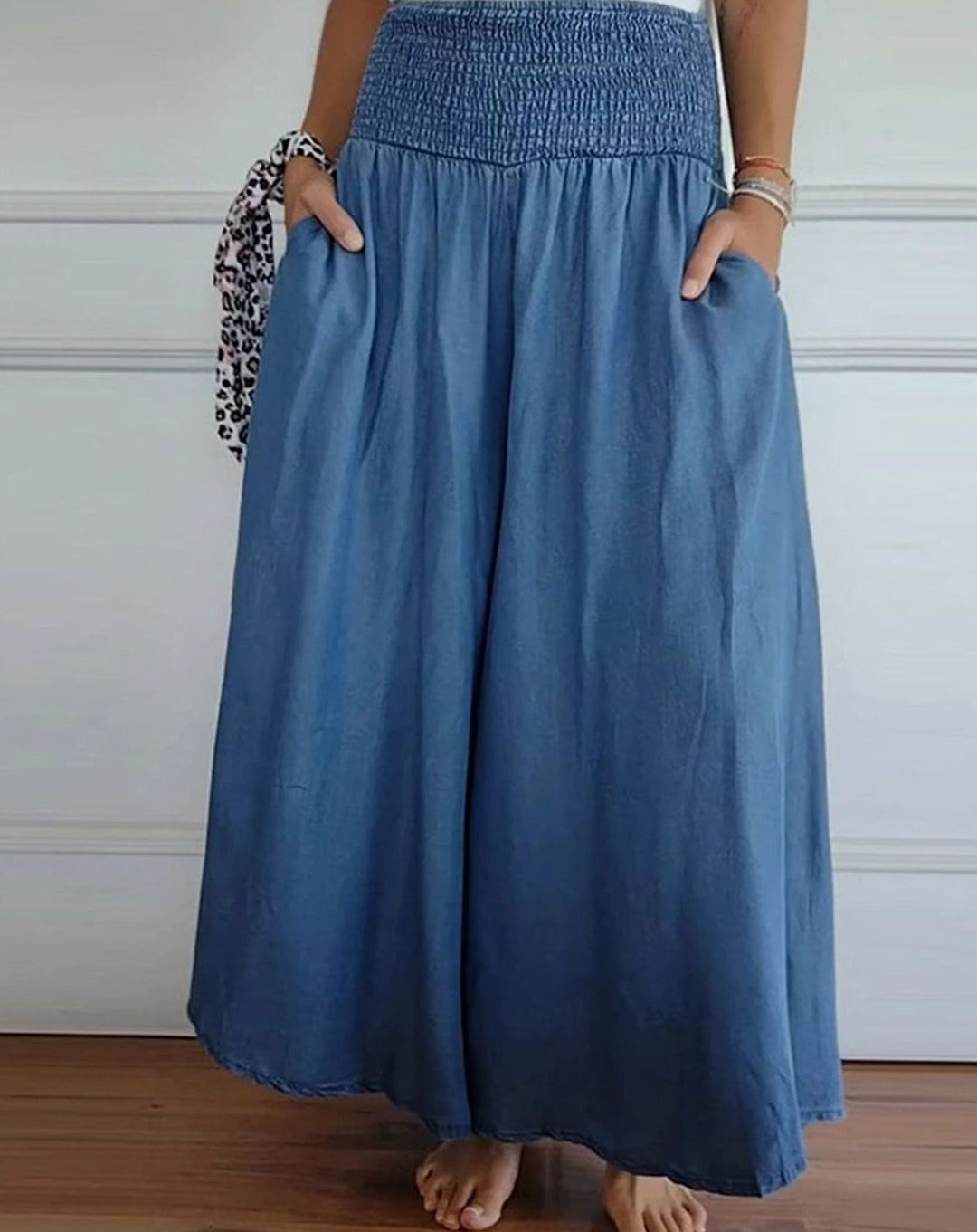 Women's High-Waist Smocked Wide-Leg Full-Length Trousers - Blue