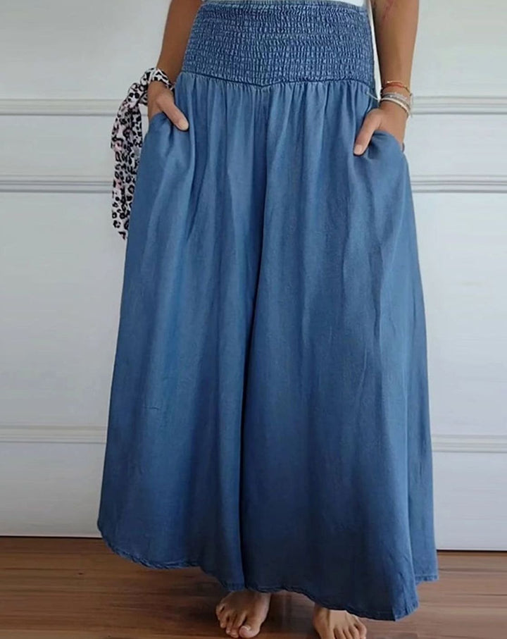 Women's High-Waist Smocked Wide-Leg Full-Length Trousers - Blue