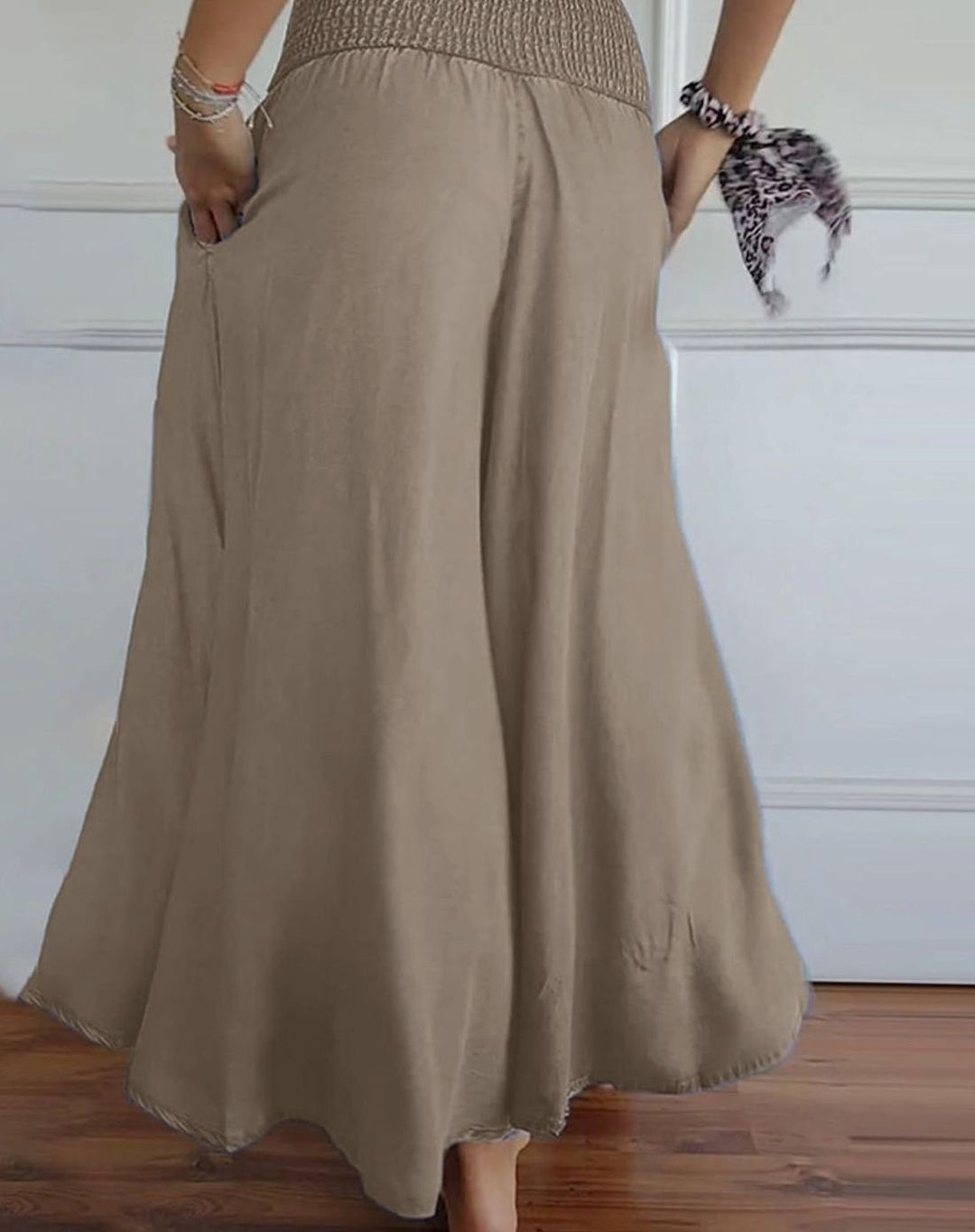 Women's High-Waist Smocked Wide-Leg Full-Length Trousers