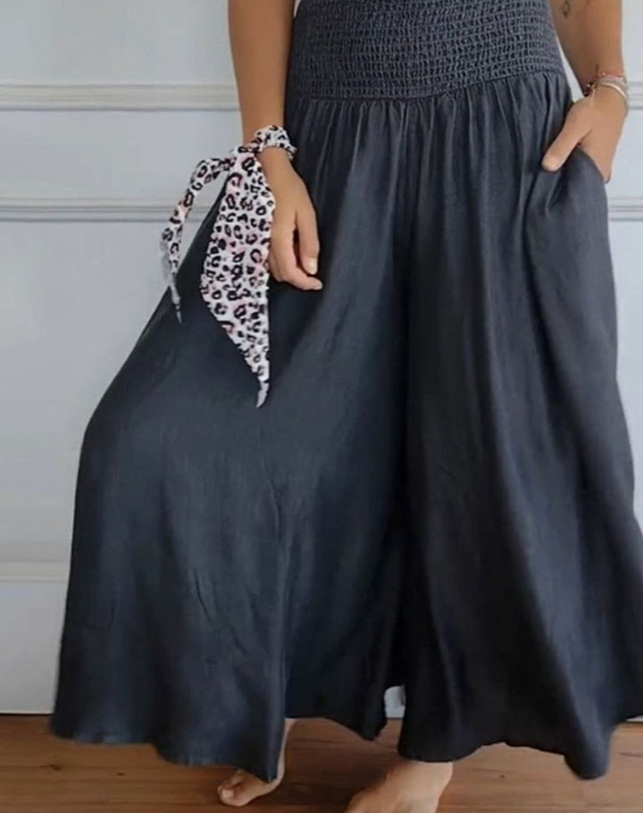 Women's High-Waist Smocked Wide-Leg Full-Length Trousers