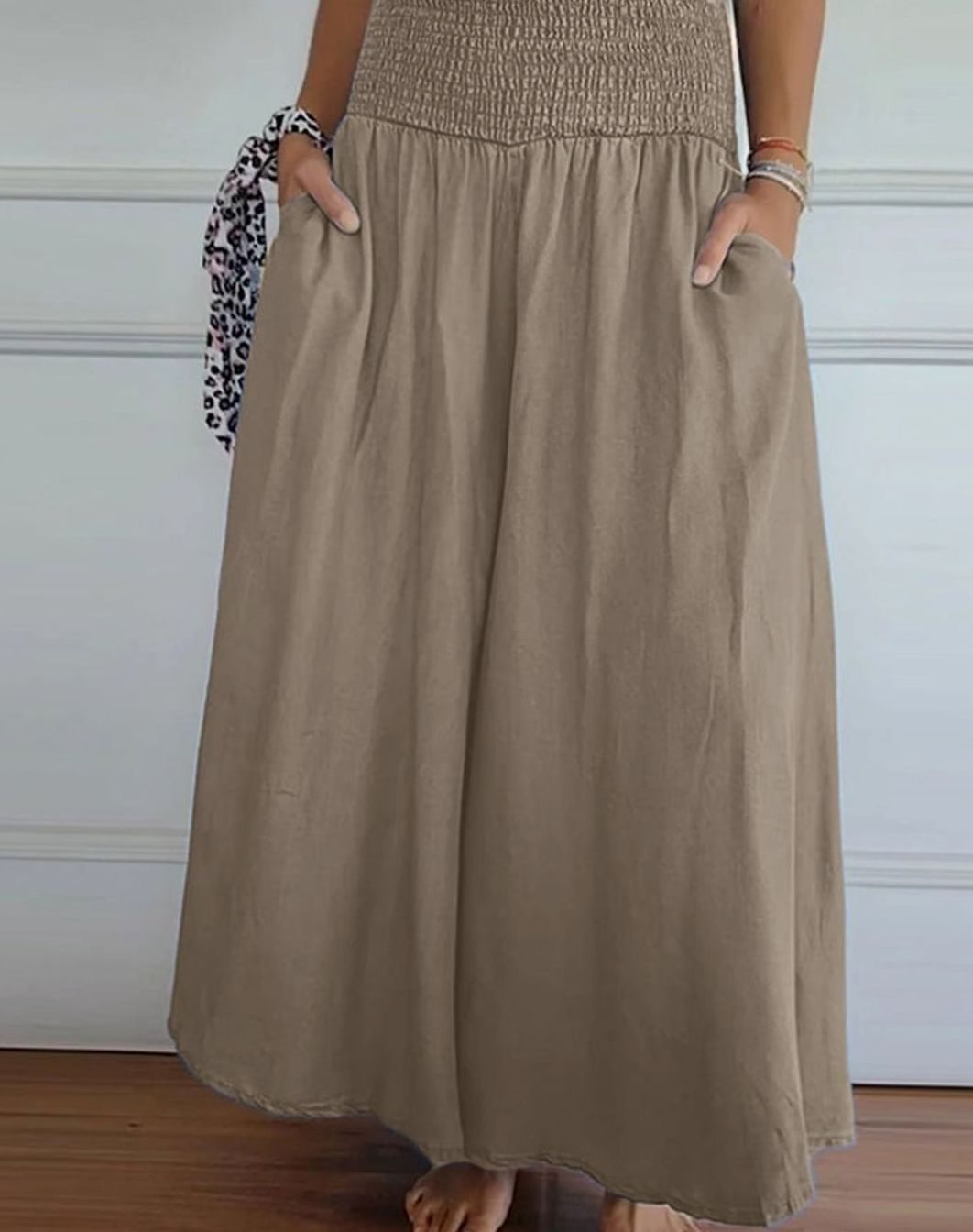 Women's High-Waist Smocked Wide-Leg Full-Length Trousers