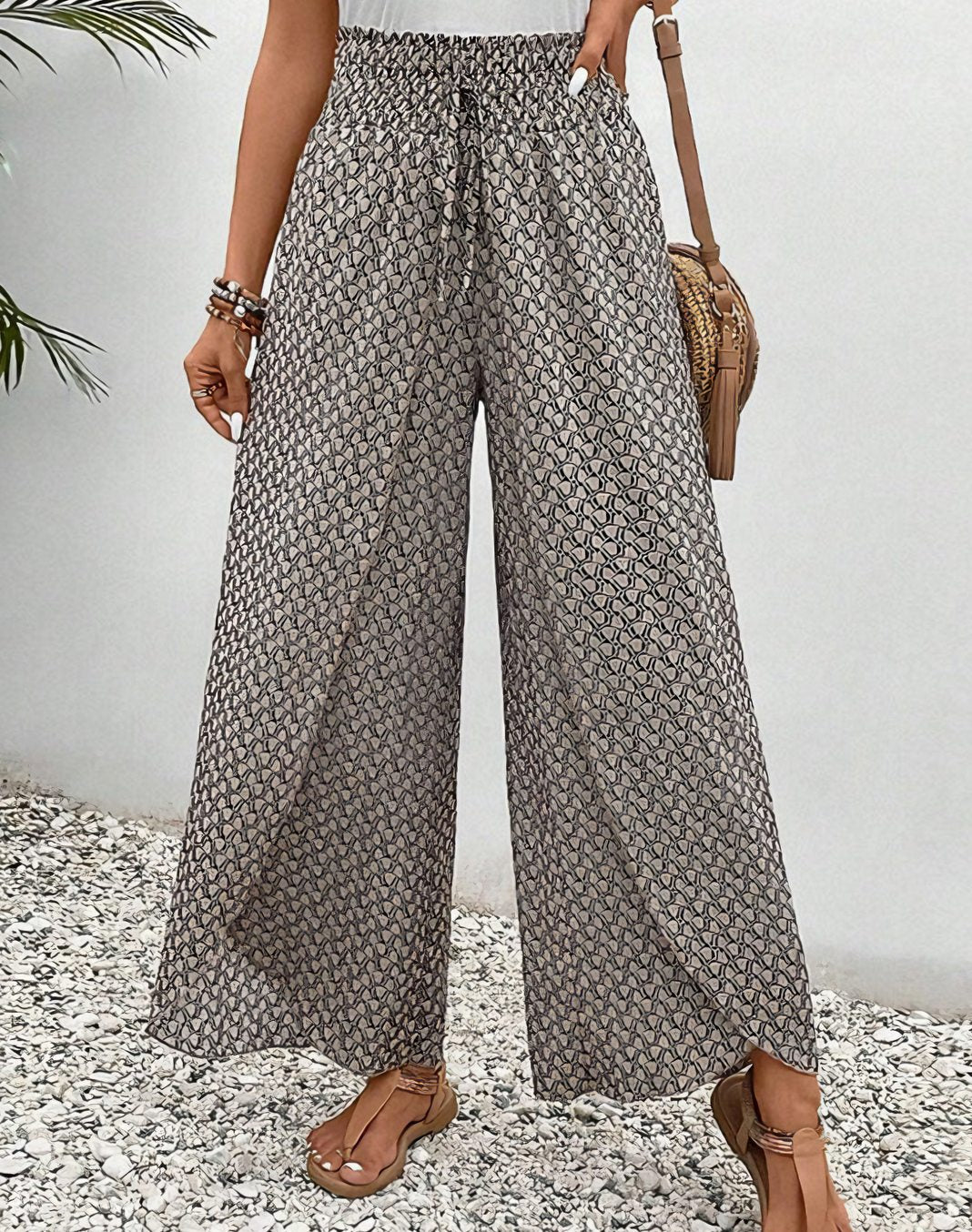 Women's High-Waist Smocked Wide-Leg Printed Palazzo Trousers