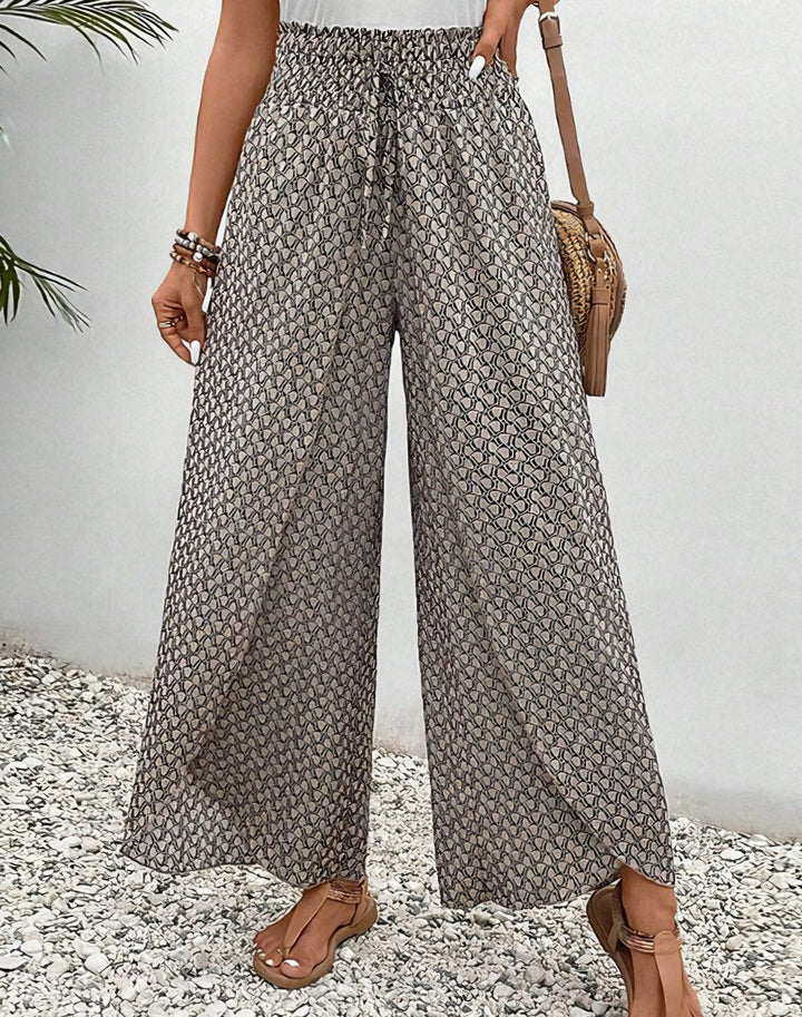 Women's High-Waist Smocked Wide-Leg Printed Palazzo Trousers