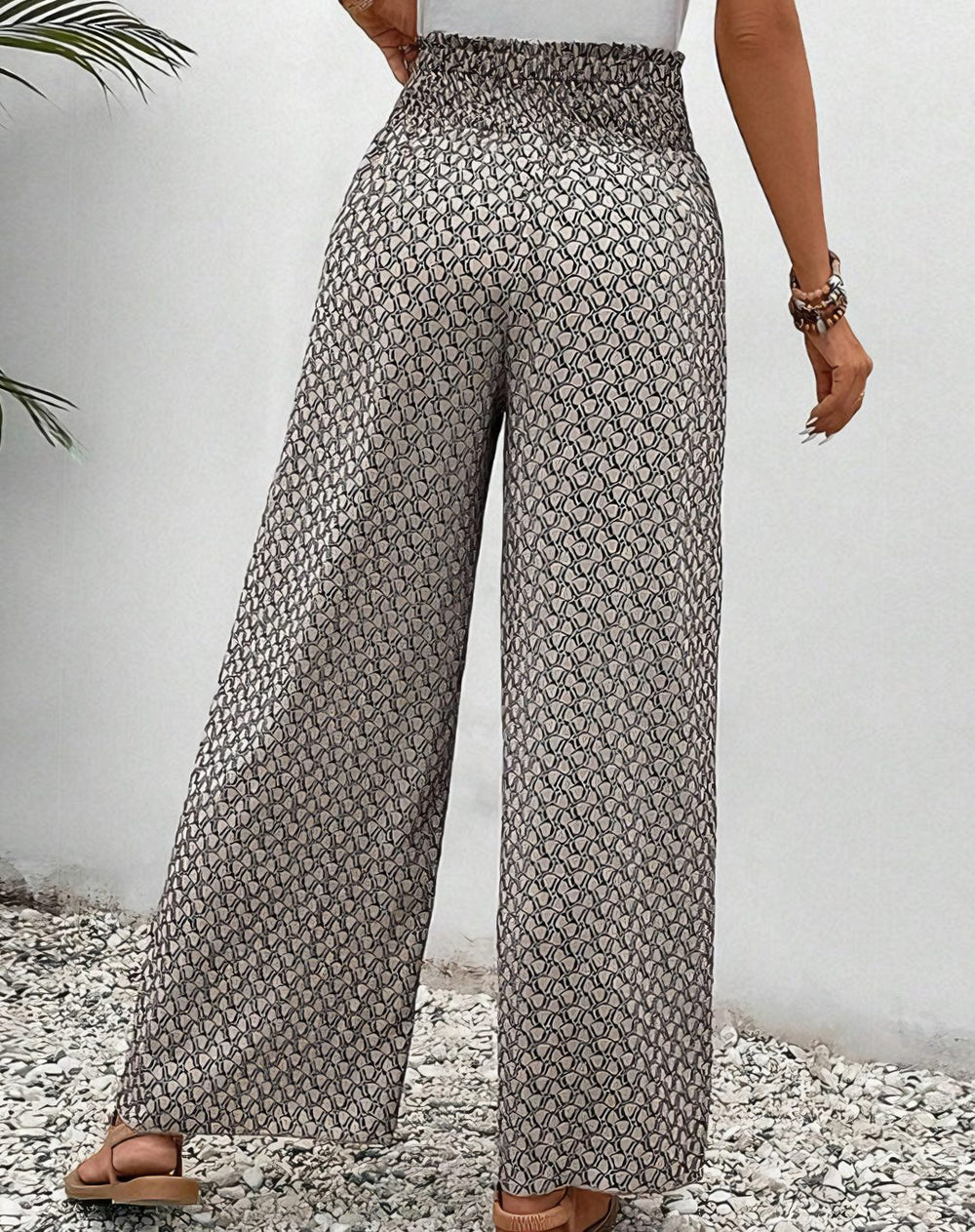 Women's High-Waist Smocked Wide-Leg Printed Palazzo Trousers