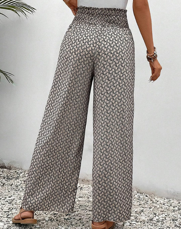 Women's High-Waist Smocked Wide-Leg Printed Palazzo Trousers