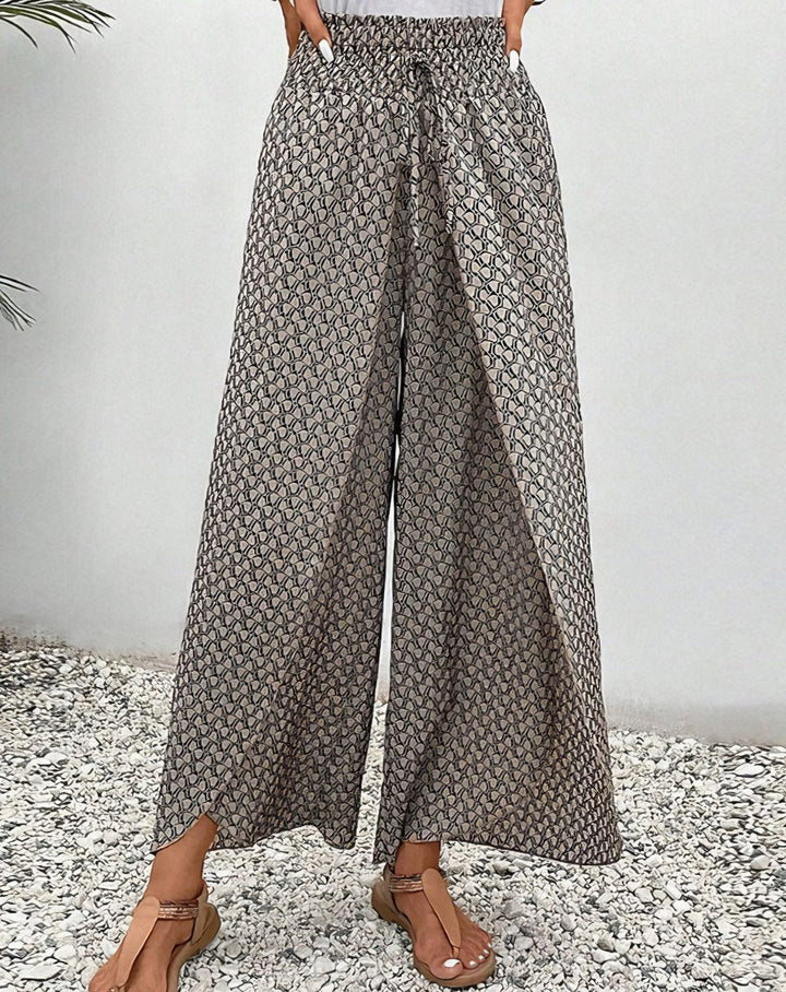 Women's High-Waist Smocked Wide-Leg Printed Palazzo Trousers