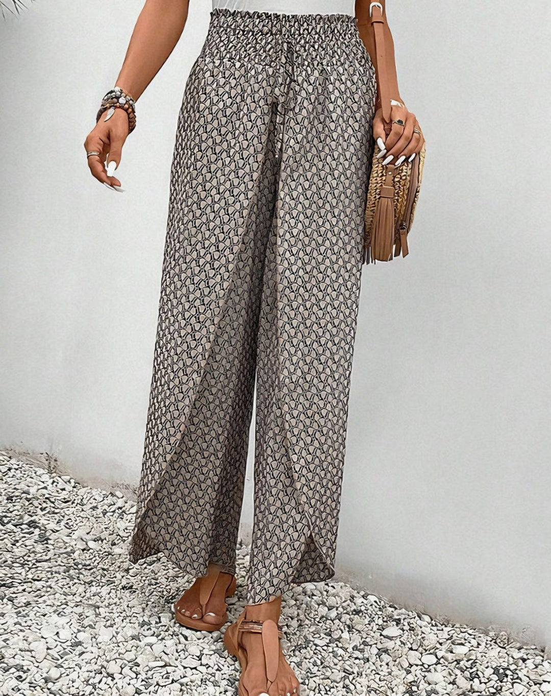 Women's High-Waist Smocked Wide-Leg Printed Palazzo Trousers