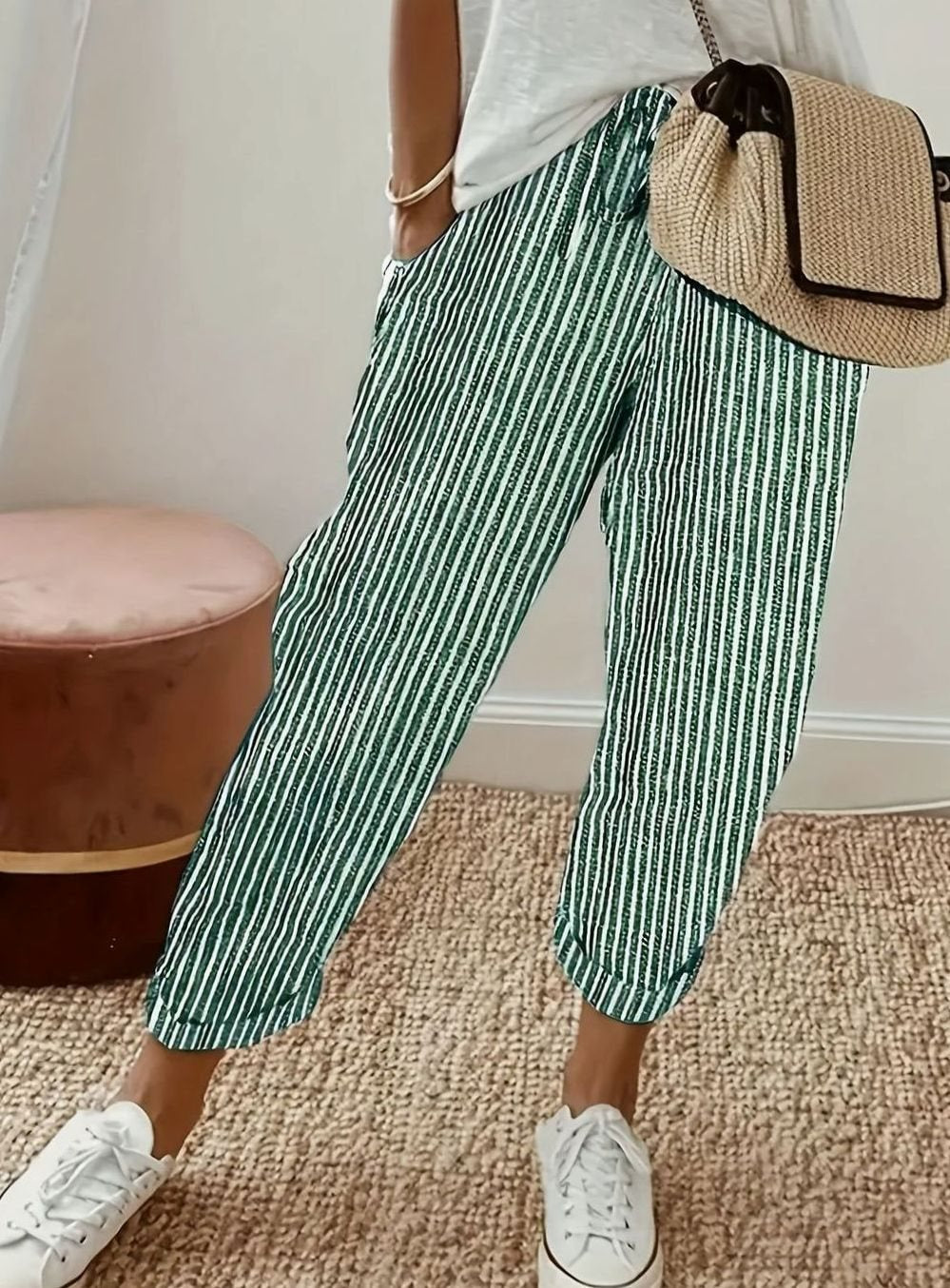 Women's High-Waist Striped Wide-Leg Cropped Trousers - Green