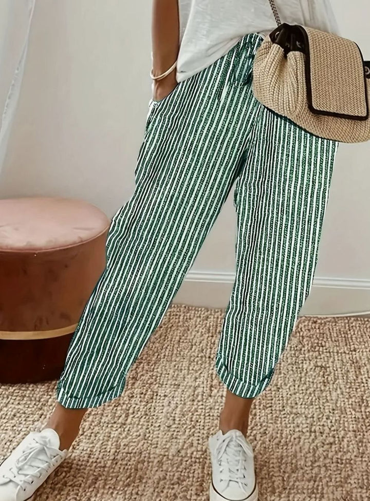 Women's High-Waist Striped Wide-Leg Cropped Trousers - Green