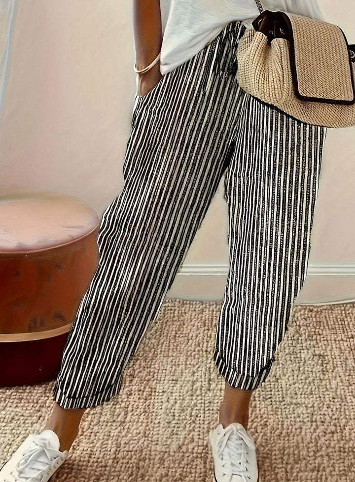 Women's High-Waist Striped Wide-Leg Cropped Trousers - Black