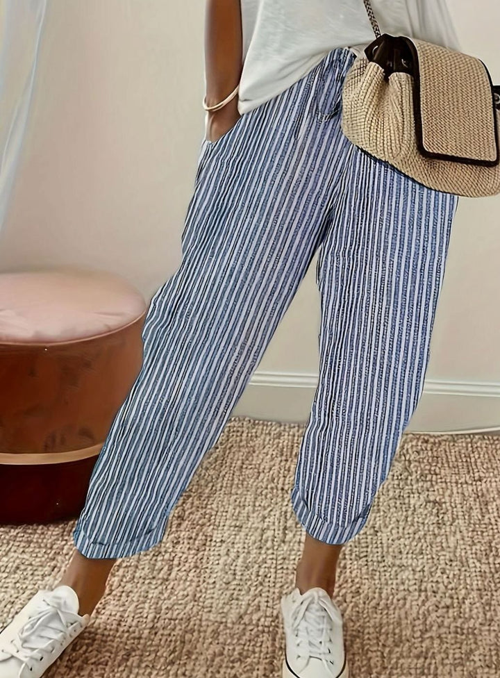 Women's High-Waist Striped Wide-Leg Cropped Trousers - Royal Blue