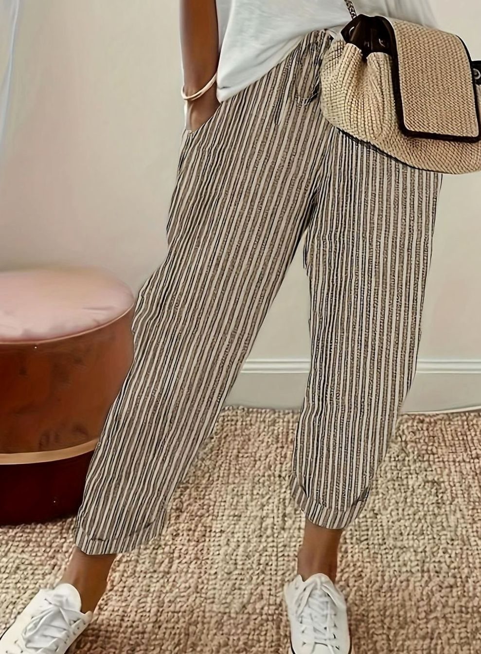 Women's High-Waist Striped Wide-Leg Cropped Trousers - White