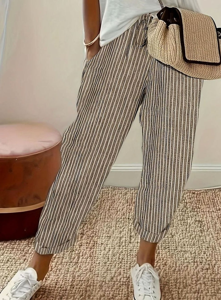 Women's High-Waist Striped Wide-Leg Cropped Trousers - White