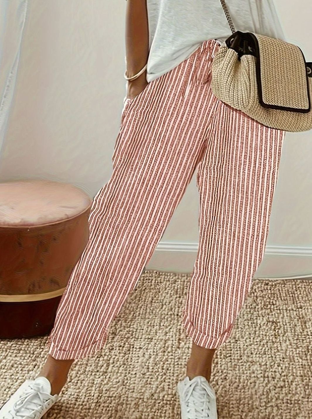 Women's High-Waist Striped Wide-Leg Cropped Trousers - Red