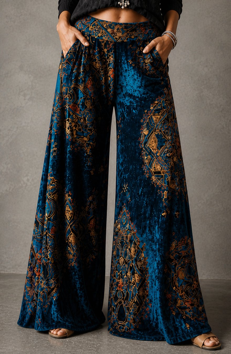 Women's High-Waist Velvet Wide-Leg Palazzo Trousers