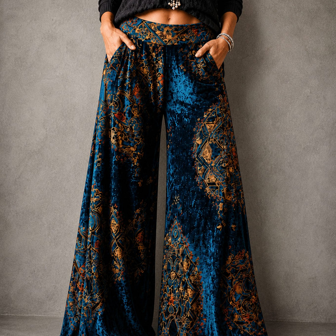 Women's High-Waist Velvet Wide-Leg Palazzo Trousers - Midnight Sapphire