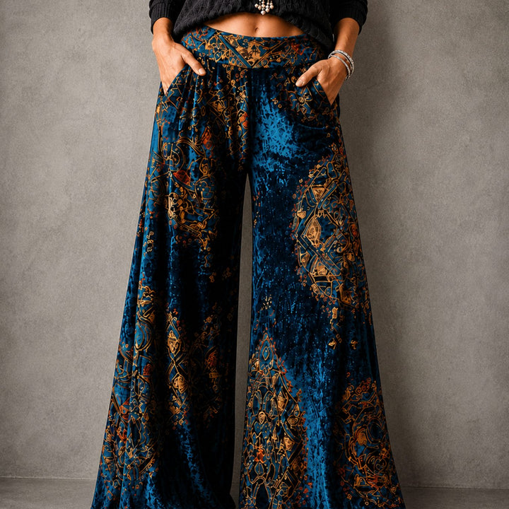 Women's High-Waist Velvet Wide-Leg Palazzo Trousers - Midnight Sapphire