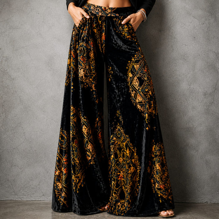 Women's High-Waist Velvet Wide-Leg Palazzo Trousers - Midnight Gold