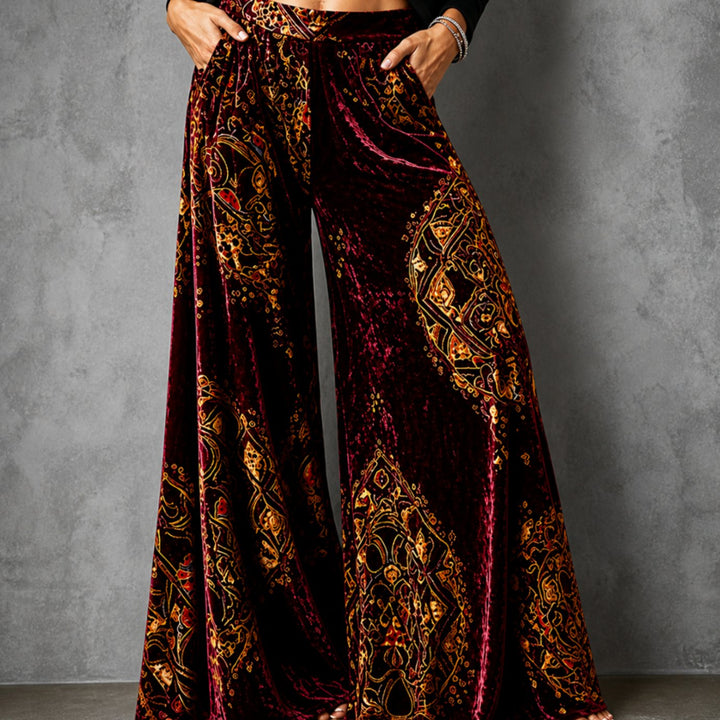 Women's High-Waist Velvet Wide-Leg Palazzo Trousers - Burgundy