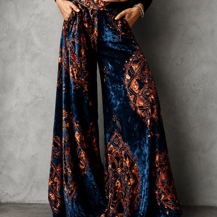 Women's High-Waist Velvet Wide-Leg Palazzo Trousers - Blue Velvet