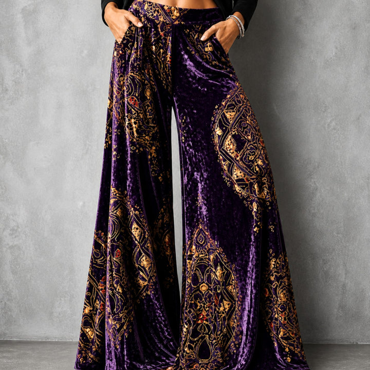 Women's High-Waist Velvet Wide-Leg Palazzo Trousers - Mystic Violet