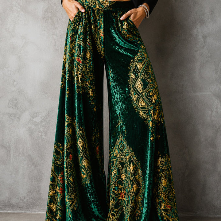 Women's High-Waist Velvet Wide-Leg Palazzo Trousers - Emerald Royale
