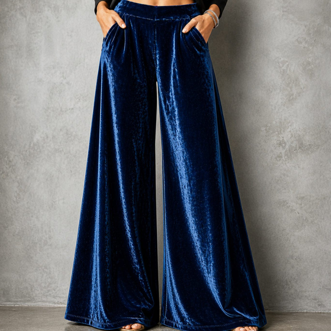 Women's High-Waist Velvet Wide-Leg Palazzo Trousers - Blue