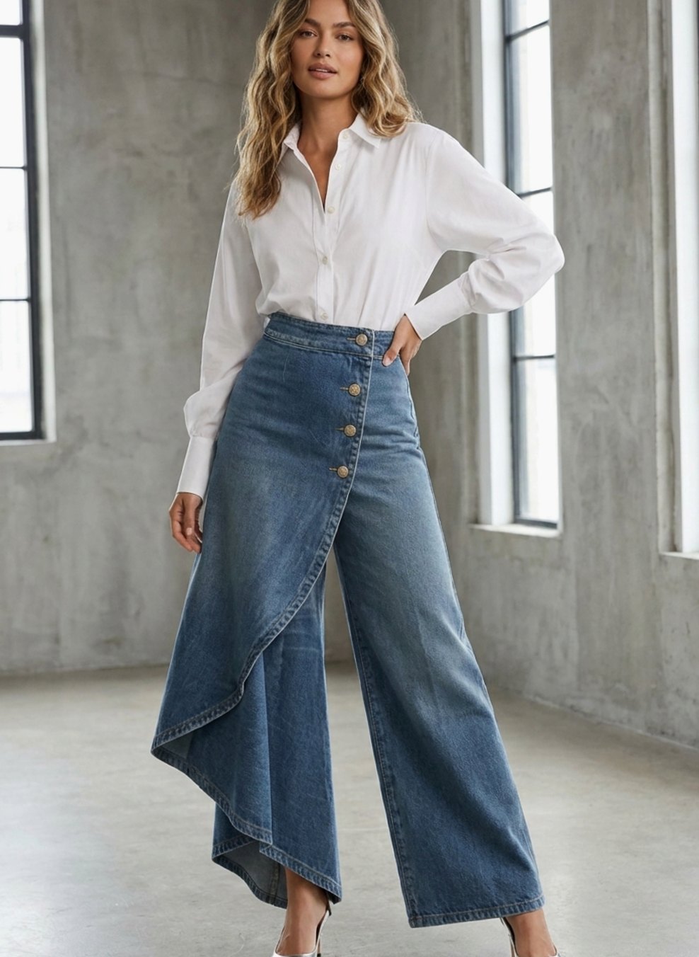 Women's High-Waist Wide-Leg Button-Front Denim Trousers - Blue