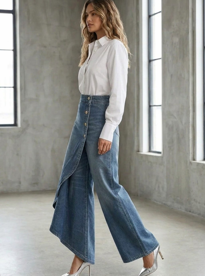 Women's High-Waist Wide-Leg Button-Front Denim Trousers