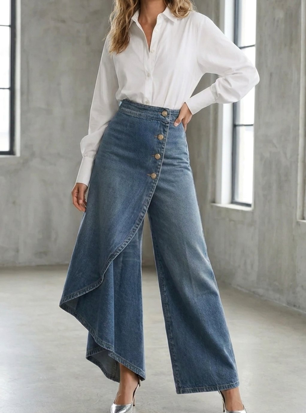 Women's High-Waist Wide-Leg Button-Front Denim Trousers