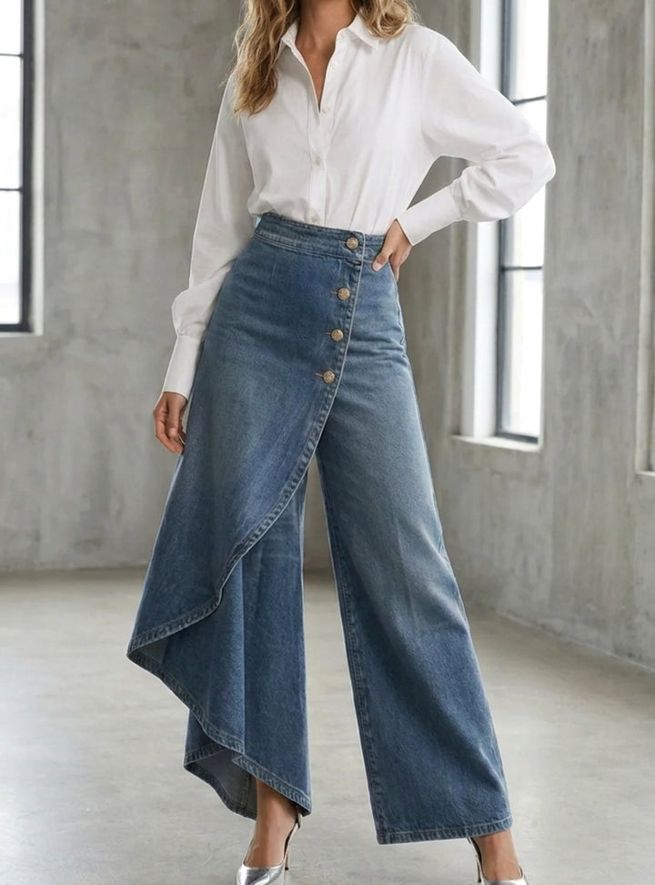 Women's High-Waist Wide-Leg Button-Front Denim Trousers