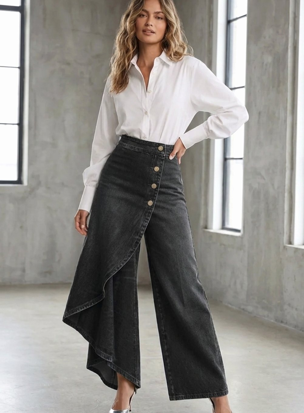 Women's High-Waist Wide-Leg Button-Front Denim Trousers - Black