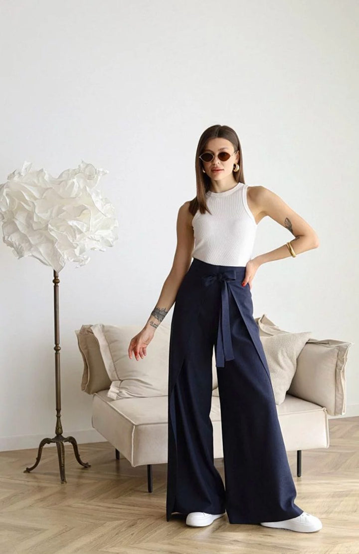 Women's High-Waist Wide-Leg Cotton Linen Tie-Front Trousers - Blue