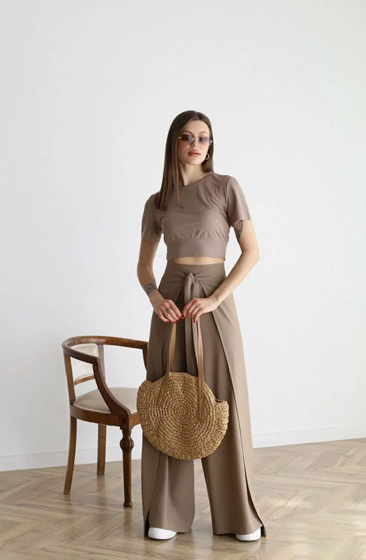 Women's High-Waist Wide-Leg Cotton Linen Tie-Front Trousers