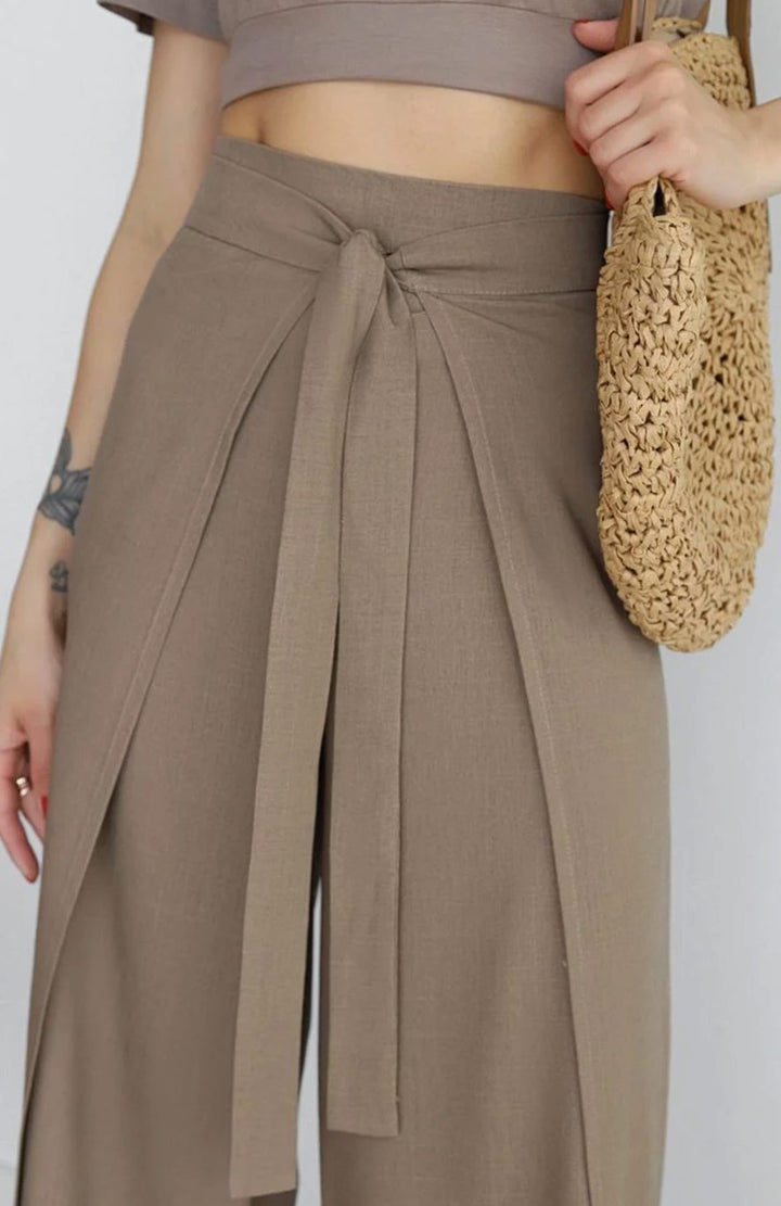 Women's High-Waist Wide-Leg Cotton Linen Tie-Front Trousers