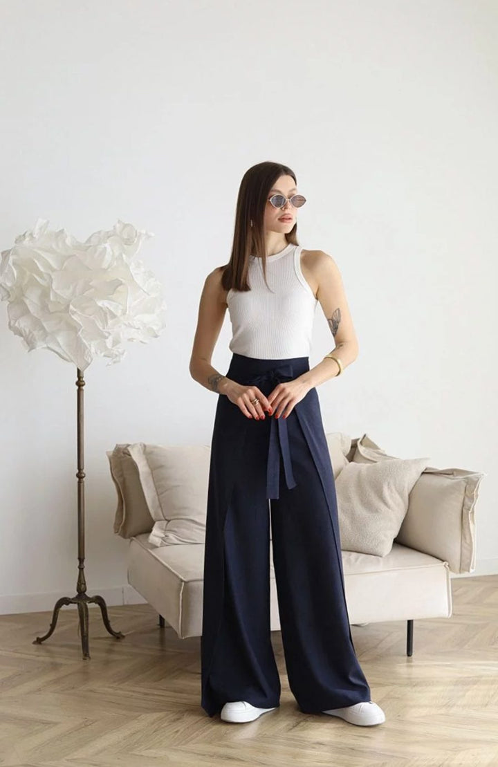 Women's High-Waist Wide-Leg Cotton Linen Tie-Front Trousers