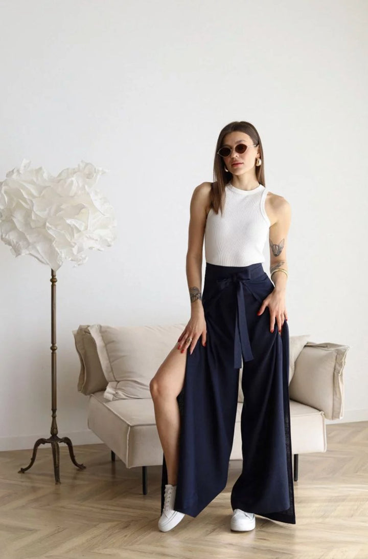 Women's High-Waist Wide-Leg Cotton Linen Tie-Front Trousers