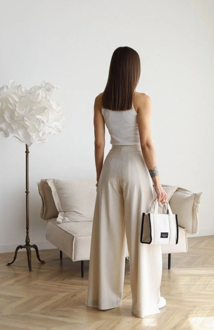 Women's High-Waist Wide-Leg Cotton Linen Tie-Front Trousers