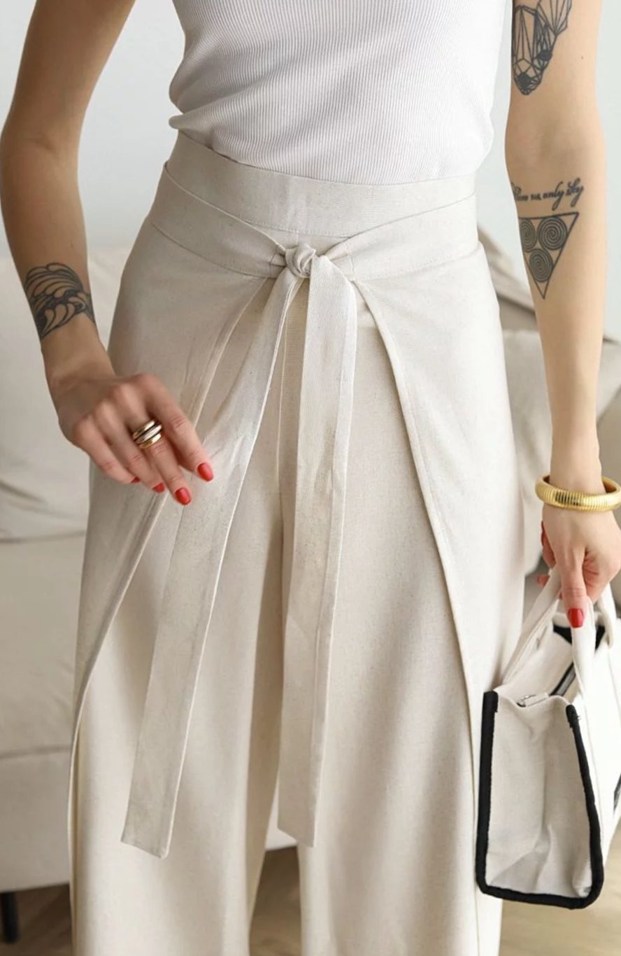 Women's High-Waist Wide-Leg Cotton Linen Tie-Front Trousers