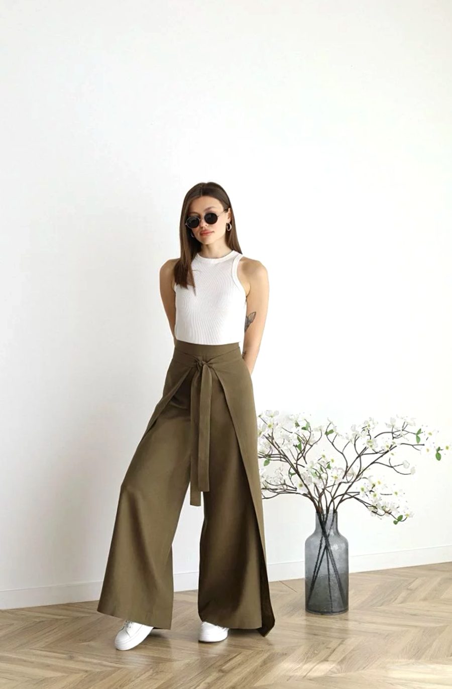 Women's High-Waist Wide-Leg Cotton Linen Tie-Front Trousers - Khaki