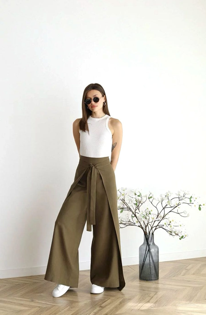 Women's High-Waist Wide-Leg Cotton Linen Tie-Front Trousers - Khaki