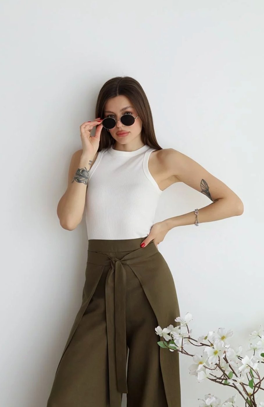 Women's High-Waist Wide-Leg Cotton Linen Tie-Front Trousers