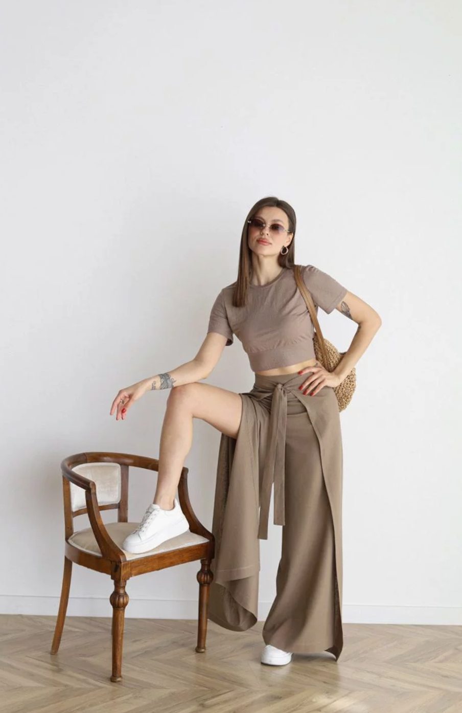 Women's High-Waist Wide-Leg Cotton Linen Tie-Front Trousers - Mocha